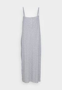 Vestuário cinza claro sem mangas com um corte reto, feito de um tecido suave. Apresenta uma abertura com botões na gola e alças finas.