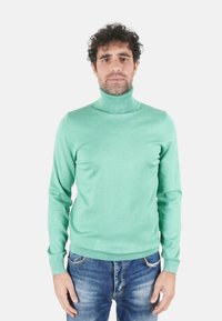 Maglione collo alto verde menta in morbido tessuto a maglia con collo e polsini a costine, abbinato a jeans blu strappati. Design semplice, sagoma aderente.