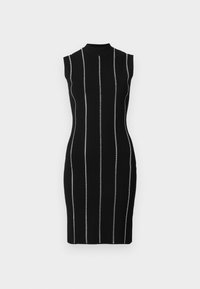 Robe noire en maille sans manches avec col montant et détails de rayures argentées verticales, longueur genou et silhouette ajustée.