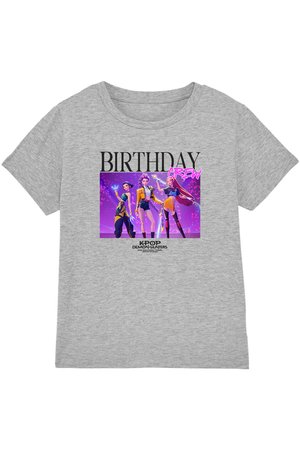 Gray t-shirt with three animated female characters in colorful outfits, text "BIRTHDAY CREW," and "K-POP DEMON HUNTERS" below.