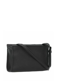 Czarna skórzana torebka na ramię o fakturowanym wykończeniu, prostokątnym kształcie i wąskim regulowanym pasku. Posiada zamek błyskawiczny na górze i minimalistyczny design.