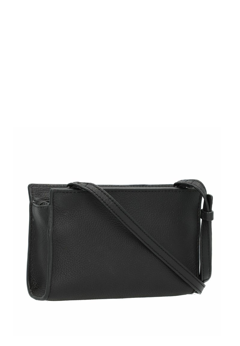 Schwarze Leder-Umhängetasche mit strukturierter Oberfläche, rechteckiger Form und schmalem, verstellbarem Riemen. Verfügt über einen oberen Reißverschluss und ein minimalistisches Design.