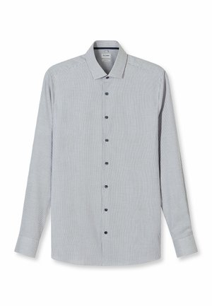 Hemdenhemd mit kariertem Muster aus horizontalen und vertikalen Streifen. Farbgebung in Grau und Weiß, lange Ärmel und Kragen.