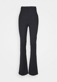 Pantaloni neri a zampa d'elefante realizzati in morbido tessuto, con una vita liscia, cuciture decorative lungo le gambe e una silhouette aderente.