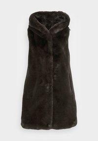 Svart faux fur ärmlös väst med huva, med en mjuk textur och framstängning, designad för värme och avslappnad användning.