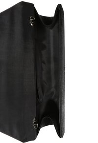 Black fabric tote bag with a structured design, featuring a spacious interior, metal hardware, and a smooth, matte texture.