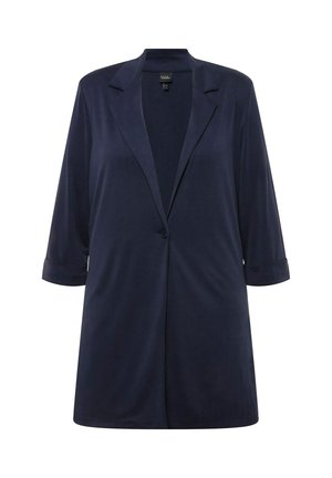 Blazer blu navy con maniche lunghe, colletto a rever, chiusura con un bottone e texture liscia, che offre una vestibilità comoda e un design minimal.