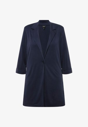 Navy blue blazer with long sleeves, lapel collar, single button closure, and smooth texture, offering a relaxed fit and minimal design.