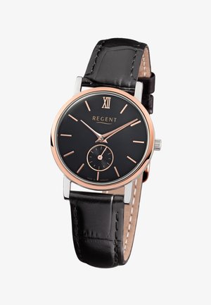 Schwarze Regent-Armbanduhr mit roségoldenen Stundenmarkierungen, römischer Ziffer XII, kleiner Sekundenuhr und schwarzem Lederarmband.