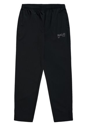 Svarta träningsbyxor med elastisk midja, sidofickor och en liten vit logotypdetalj framtill. Slät, lättviktig tyg.