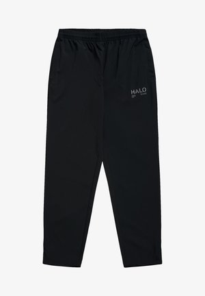 Czarne spodnie sportowe z elastycznym pasem, bocznymi kieszeniami i małym białym logo z przodu. Gładki, lekki materiał.