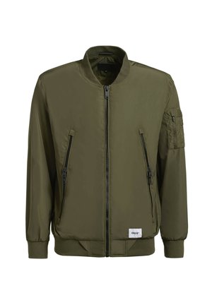 Olivovozelená bomber bunda so zipsom na prednej strane, dvoma bočnými vreckami a vreckom na ľavom rukáve. Vyrobená z hladkej tkaniny s rebrovanými manžetami.