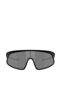Occhiali da sole sportivi neri con grandi lenti grigie avvolgenti e un design elegante e aerodinamico. Presentano una montatura minimalista e nessun hardware visibile.