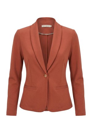 Blazer da donna color ruggine con maniche lunghe, chiusura con un solo bottone, collo a scialle e due tasche frontali a filetto.