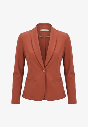 Blazer da donna color ruggine con maniche lunghe, chiusura con un solo bottone, collo a scialle e due tasche frontali a filetto.