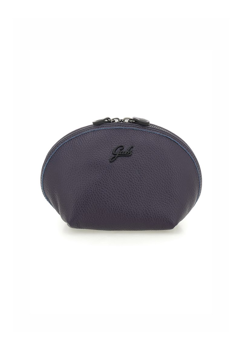 Borsa rotonda in pelle viola con superficie texturizzata, chiusura a doppia zip e accento di marchio nero sul davanti.