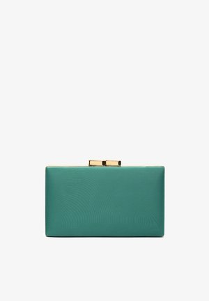Clutch rettangolare color turchese realizzato in materiale liscio con una chiusura in tonalità oro. Presenta una leggera texture senza ulteriori motivi o decorazioni.