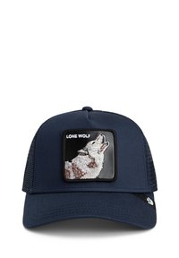 Casquette camionneur bleu marine avec des panneaux latéraux en mesh, présentant un écusson brodé rectangulaire d'un loup hurlant, étiqueté "LOUP SOLITAIRE".