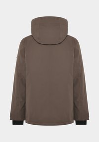 Bruine waterdichte jas met capuchon, met een eenvoudig ontwerp, lange mouwen en zwarte manchetten. Gladde textuur en geen zichtbare patronen.