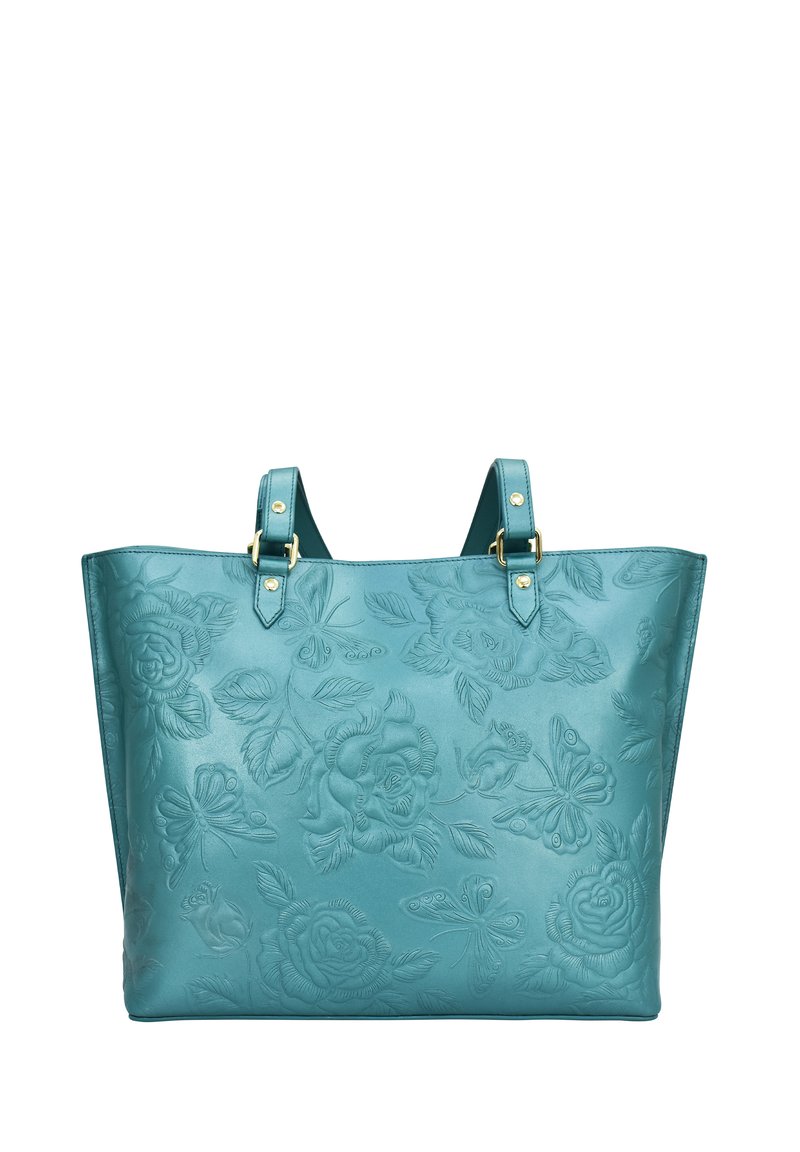 Taschen aus türkisfarbenem Leder mit geprägten Blumen- und Schmetterlingsmustern. Verfügt über zwei Schulterriemen und Akzente in goldfarbener Hardware.