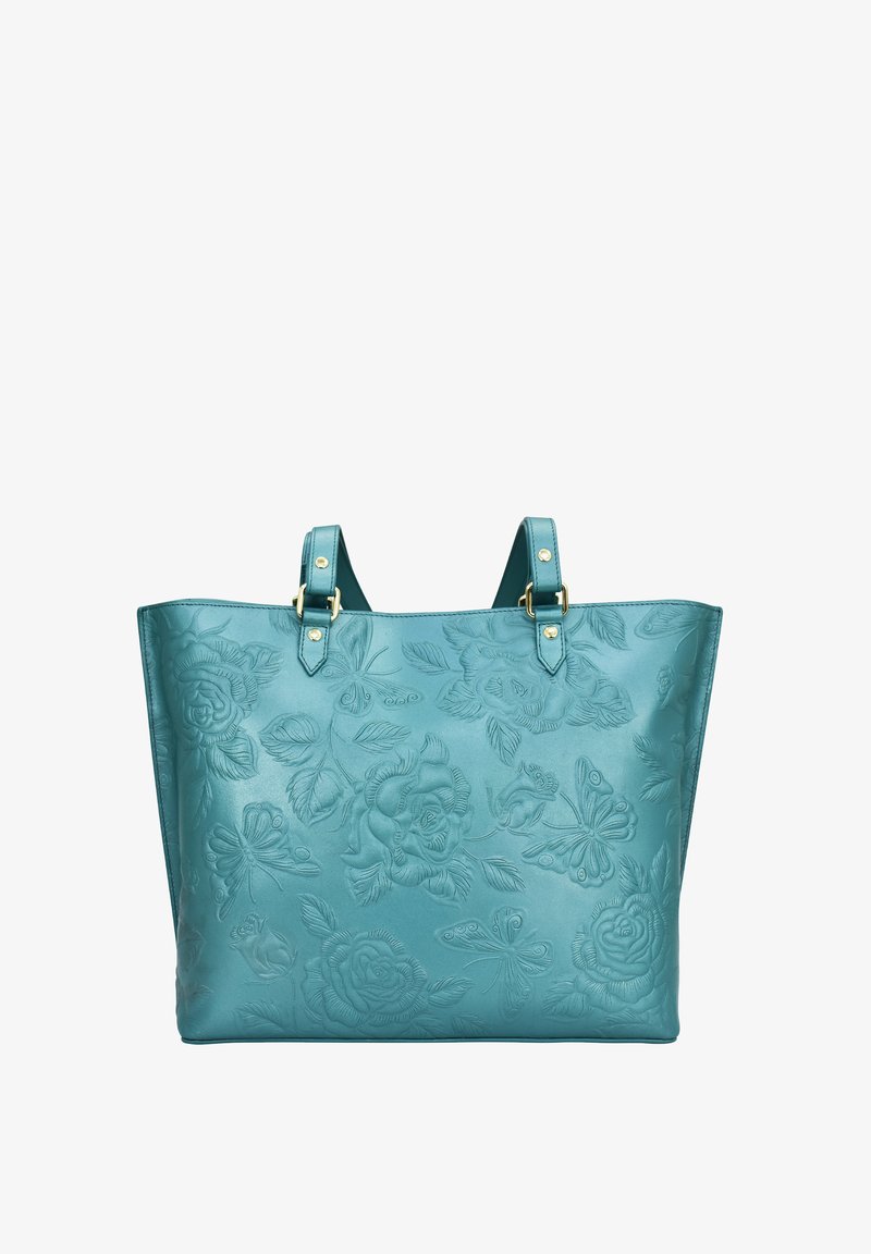 Taschen aus türkisfarbenem Leder mit geprägten Blumen- und Schmetterlingsmustern. Verfügt über zwei Schulterriemen und Akzente in goldfarbener Hardware.