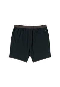 Black swim shorts with an elastic waistband and grey accents, featuring a back pocket and a relaxed fit design suitable for swimming.
