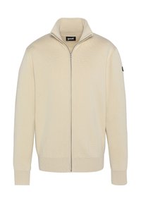 Maglione beige con zip, dal design a maglia testurizzata, colletto alto, polsini e orlo a costine, con un patch logo nero sulla manica sinistra.