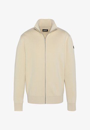 Beige Zip-Up-Pullover mit strukturiertem Strickdesign, hohem Kragen, gerippten Bündchen und Saum, mit einem schwarzen Logopatch am linken Ärmel.
