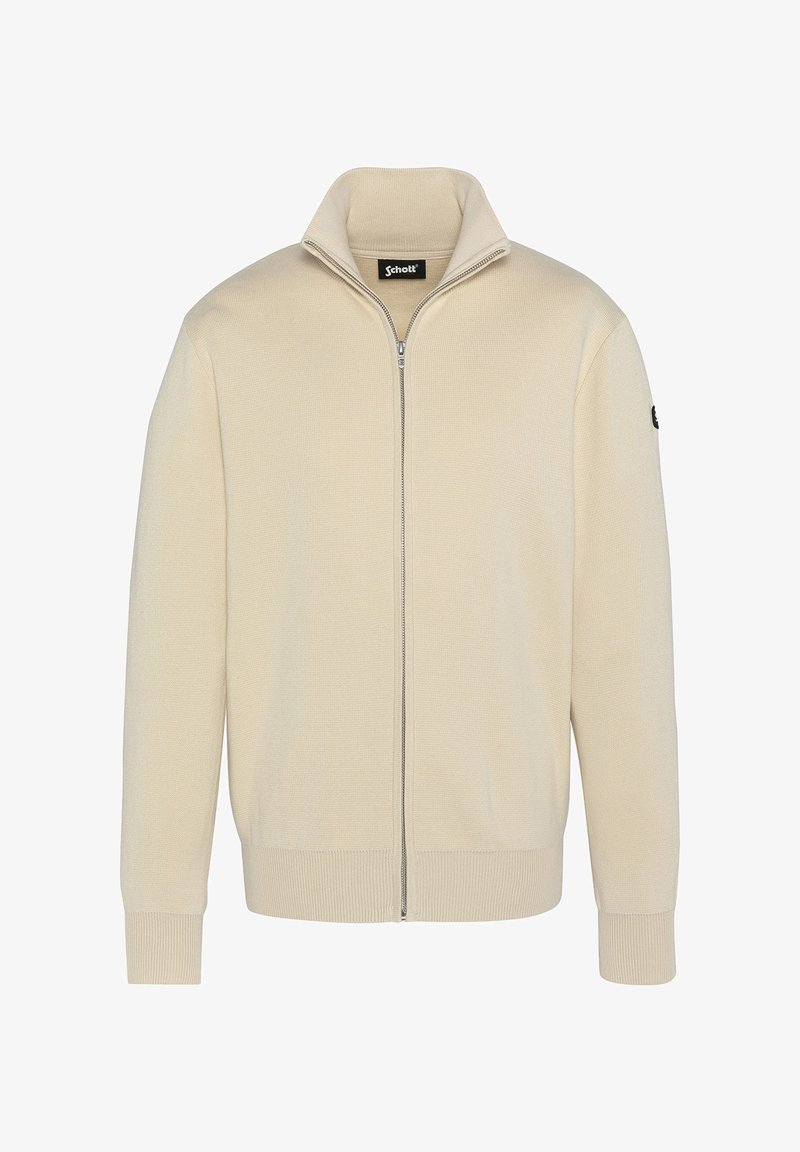 Maglione beige con zip, dal design a maglia testurizzata, colletto alto, polsini e orlo a costine, con un patch logo nero sulla manica sinistra.