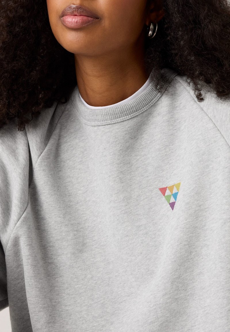 Sudadera gris con cuello redondo y mangas raglán, que presenta un logotipo de triángulo multicolor bordado en el pecho.