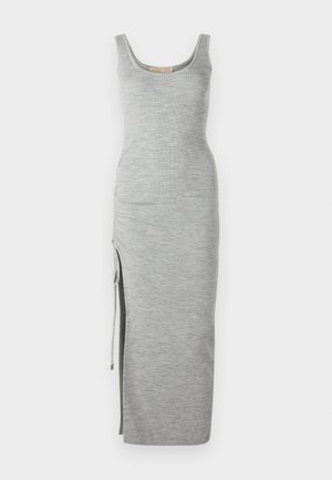 Gray ribbed maxi dress with a scoop neckline, side slit, and adjustable drawstring. Made from soft, textured fabric.