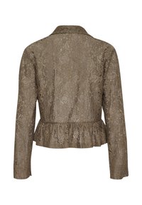 Lace jacket in muted olive green with long sleeves, peplum hem, and a classic collar, featuring intricate floral patterns throughout.
