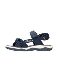 Dunkelblaue Kindersandalen mit verstellbaren geflochtenen Riemen, strukturiertem Zehenbereich, gepolsterter Innensohle und robuster gummierter Außensohle mit Traktion.