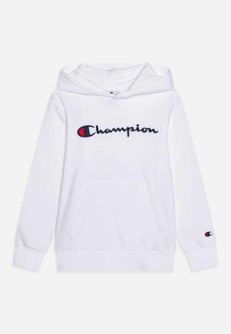 Sweatshirt branco com capuz, feito de uma mistura de algodão, apresentando um logo bordado "Champion" em azul-marinho, bolso frontal e punhos canelados.