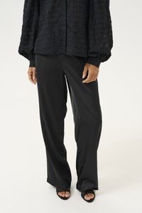 Black textured blouse with puffy sleeves, paired with black wide-leg satin pants and black strappy sandals. Smooth, airy fabric.