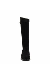 Schwarze Wildleder kniehohe Stiefel mit glatter Oberfläche, seitlichem Reißverschluss und dezenten Nähten. Ausgestattet mit einer flachen Gummisohle.