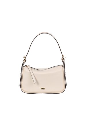Beige leather handbag with a curved shape, black trim, and gold hardware. Features a detachable strap and zip closure with a logo detail.