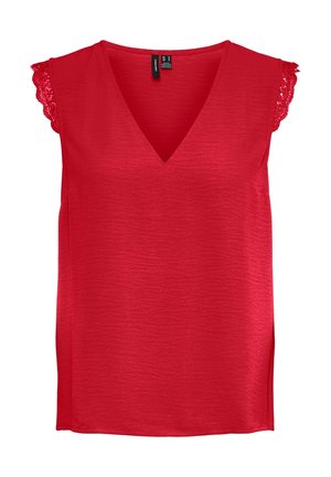 Rode mouwloze blouse met V-hals en kanten afwerking op de schouderranden.
