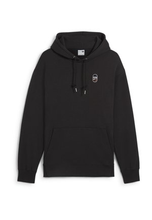 Black hoodie made from soft fabric, featuring a front pocket, adjustable drawstrings, and a small logo printed on the chest.