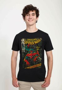 Black T-shirt featuring "The Amazing Spider-Man" graphic in vibrant colors, showcasing Spider-Man in a dynamic pose, with comic book elements.