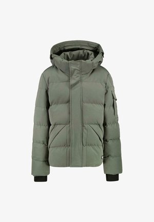 Gewatteerde jas in gedempt groen, met een hoge kraag, zijzakken en ribgebreide manchetten, gemaakt van glad, duurzaam materiaal.