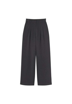 Bredde bukser med høj talje i mørkegrå stof med forknyttede folder foran. Linningen har en struktureret overflade.