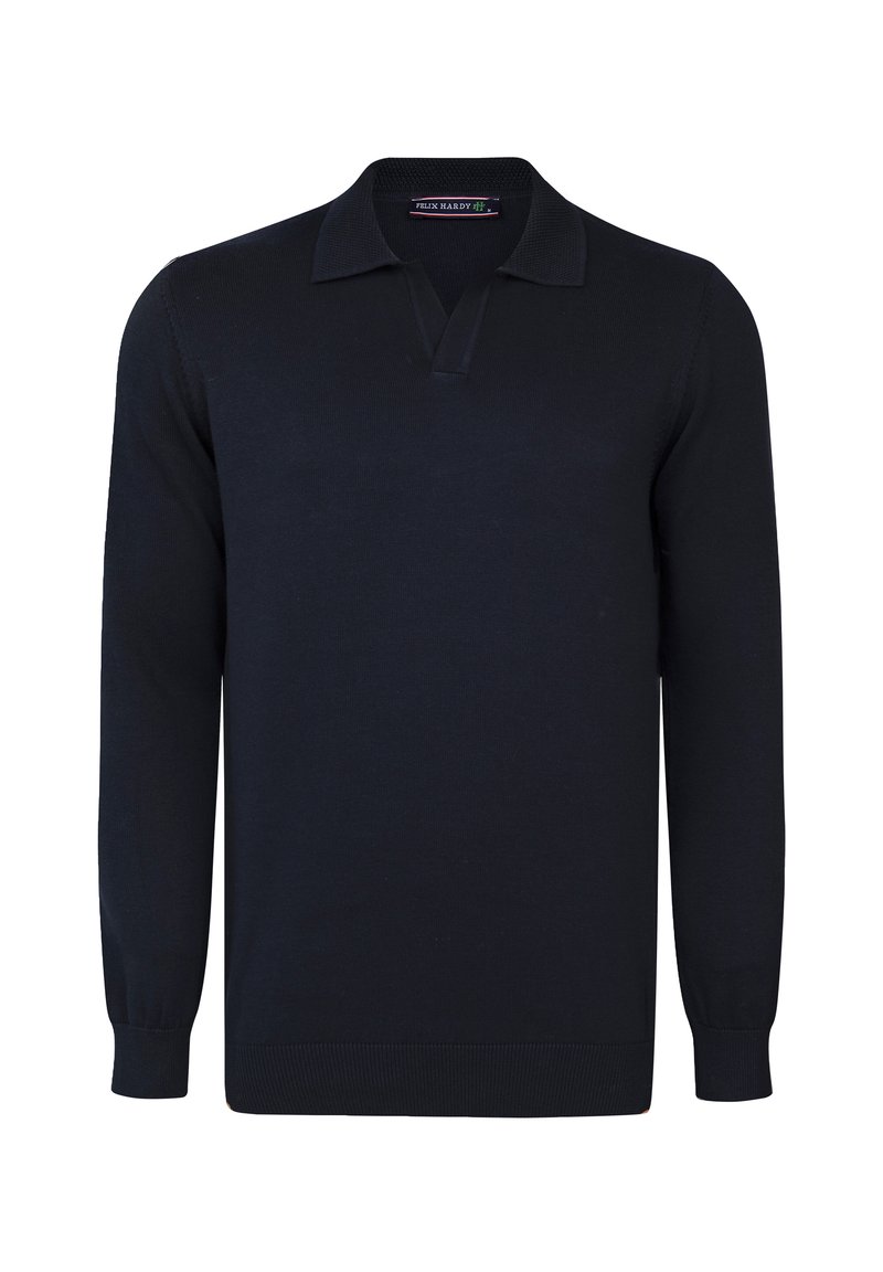 Donkerblauwe longsleeve polo sweater met een kraag, geribbelde manchetten en een gladde breistructuur. Beschikt over een drieknoopsluiting.