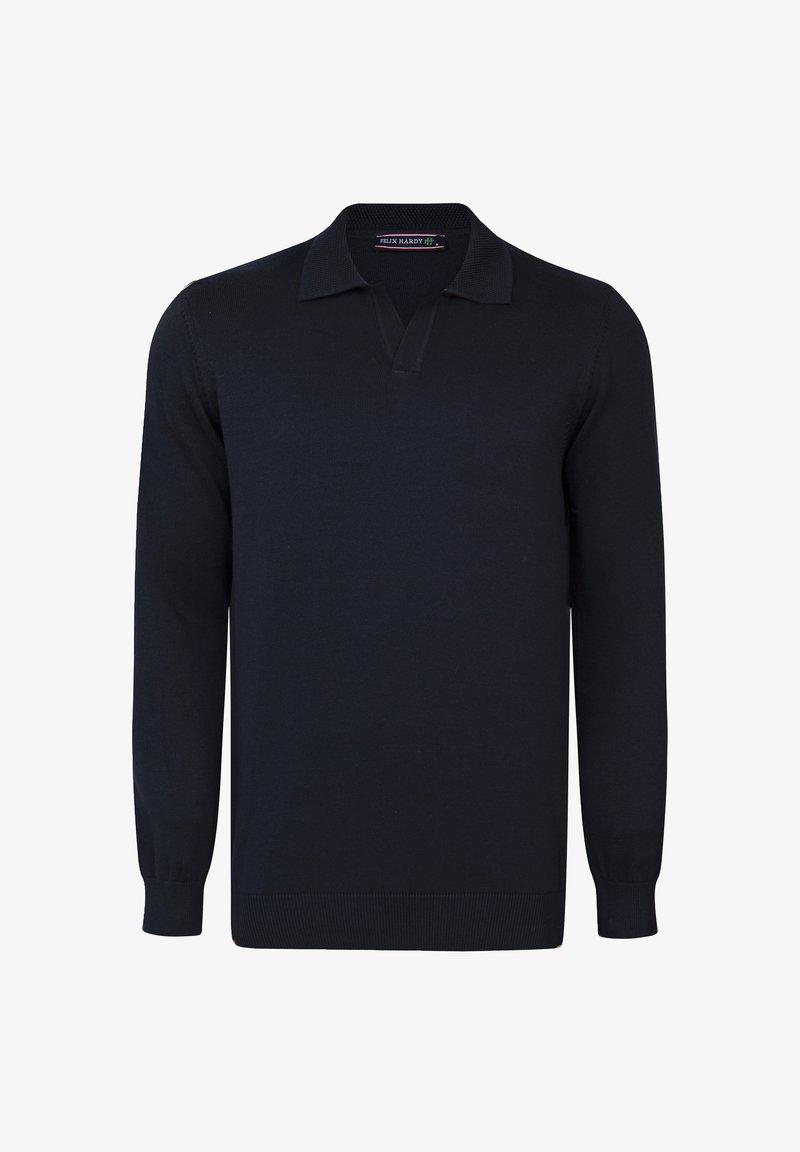 Donkerblauwe longsleeve polo sweater met een kraag, geribbelde manchetten en een gladde breistructuur. Beschikt over een drieknoopsluiting.