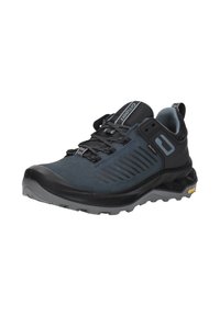Blauwe en zwarte trailschoenen met een gestructureerde bovenkant, mesh-accenten en een rubberen zool met een opvallend profiel. Verstelbare vetersluiting.