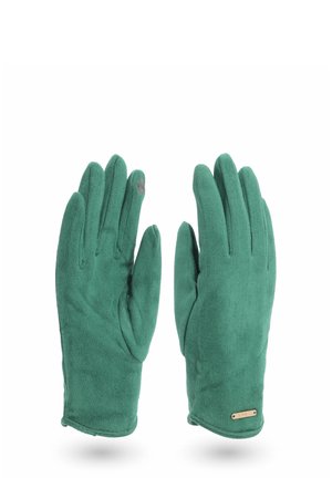 Un paio di guanti in suede verde con un piccolo tag logo sul polso e un sottile dettaglio ricamato sul dito indice.