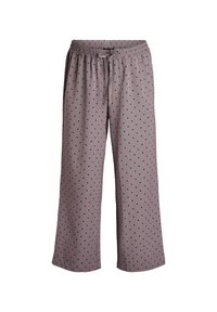 Světlé hnědé kalhoty s širokým střihem vyrobené z jemné tkaniny, s páskem na stažení a černým puntíkovaným vzorem po celé ploše.