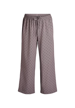 Světlé hnědé kalhoty s širokým střihem vyrobené z jemné tkaniny, s páskem na stažení a černým puntíkovaným vzorem po celé ploše.