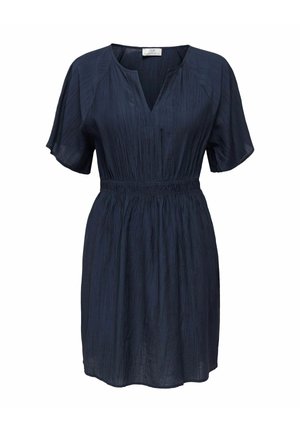 Robe bleu marine à manches courtes avec col en V, taille élastique et tissu texturé, longueur genou avec une coupe décontractée.