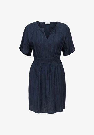 Robe bleu marine à manches courtes avec col en V, taille élastique et tissu texturé, longueur genou avec une coupe décontractée.